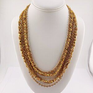 VINTAGE Gold tone all metal multi-strand bead and chain necklace ~ 1950s 1960s